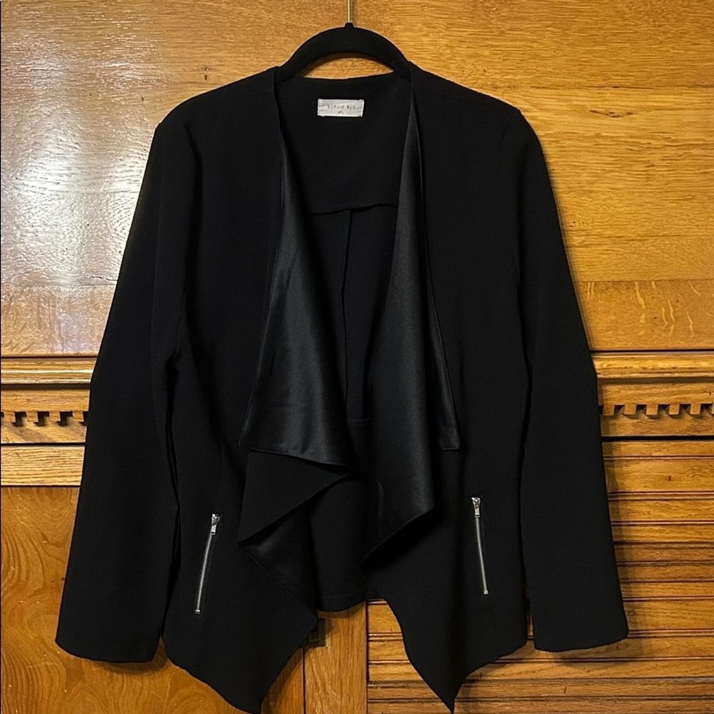Sophie Rue Black Draped Waterfall‎ Open Front Blazer Jacket Zip Pockets L